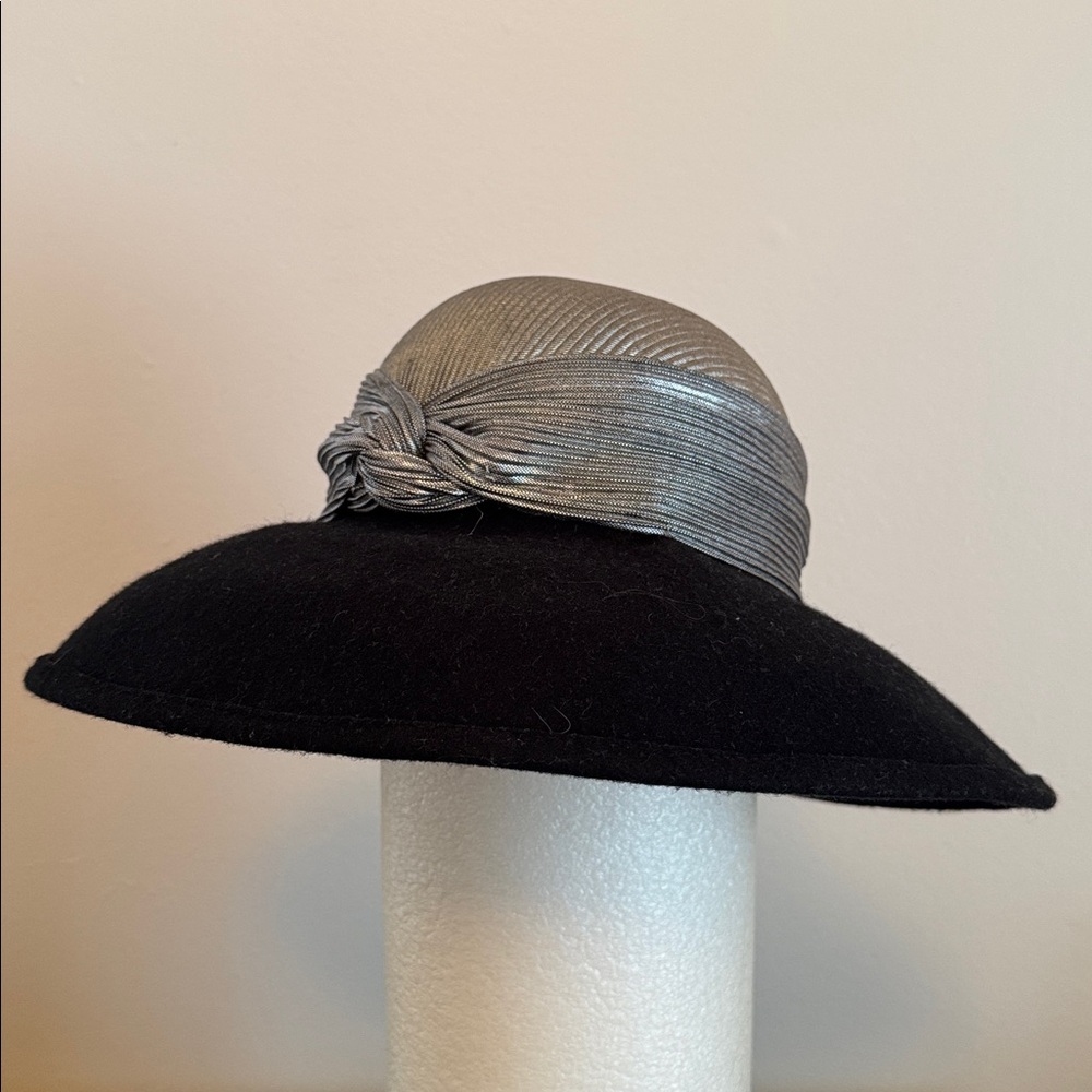 Whittall & Shon Wool Church Hat Black silver metallic ribbon